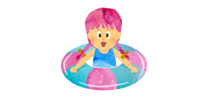 プールで浮き輪で浮いている女の子のイラスト