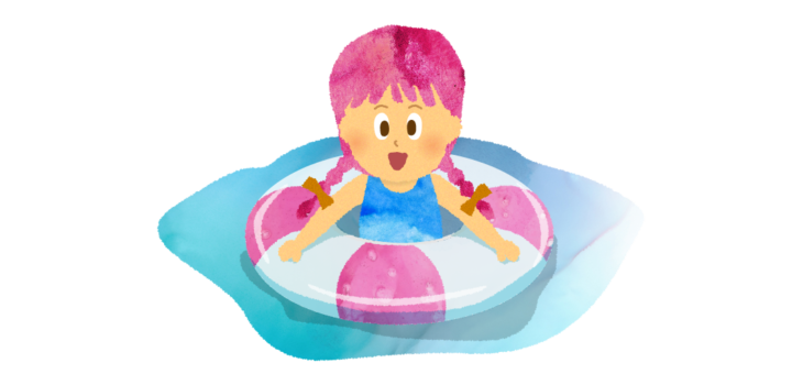 海で浮き輪に浮かぶ女の子のイラスト