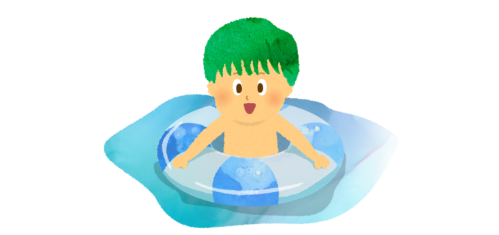 海で浮き輪で浮いている男の子のイラスト