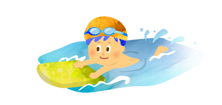 ビート板でプールの授業を受ける男の子のイラスト