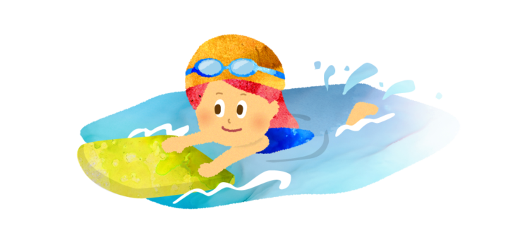 ビート板でバタ足する女の子のイラスト