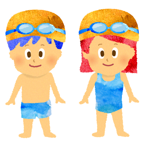 スクール水着でプールに立つ男の子と女の子のイラスト