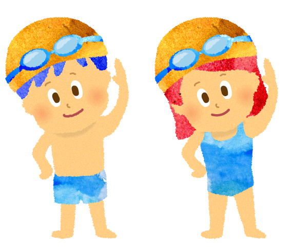 プールサイドで準備運動をする男の子と女の子のイラスト