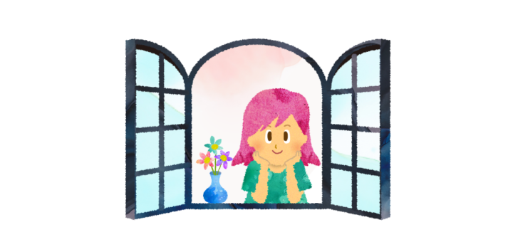 窓辺から外を見る女の子のイラスト