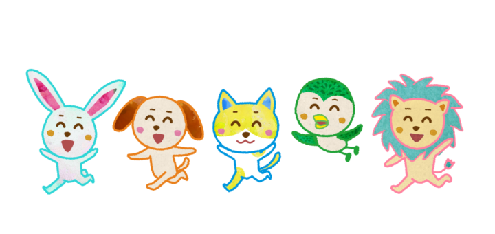 イヌ、ネコ、スズメ、ライオン、ウサギのイラスト