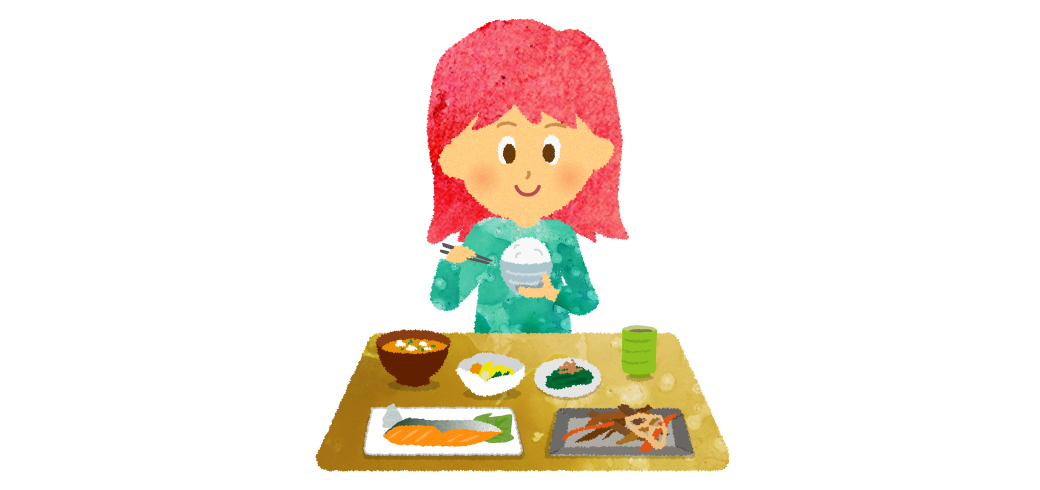和食を食べる女の子のイラスト
