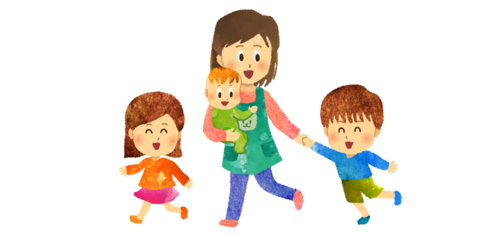 園庭で遊ぶ保育士と子供達のイラスト