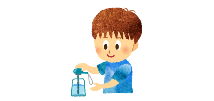 アルコール消毒でウィルス撃退している男の子のイラスト