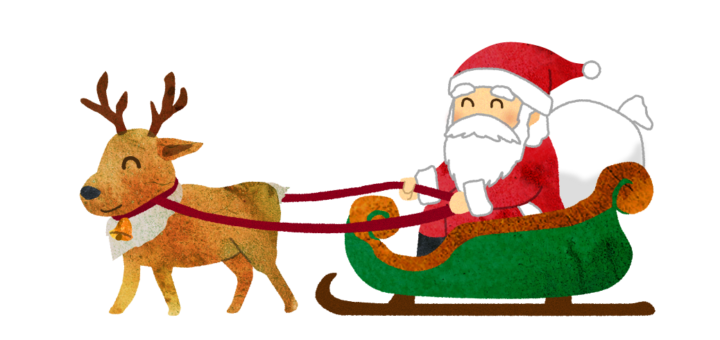 ソリにまたがってプレゼントを運ぶサンタクロースとトナカイのイラスト