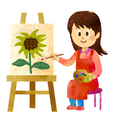 【無料素材】向日葵の油絵を描く女性のイラスト