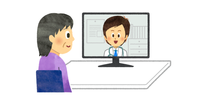 高齢女性がオンライン診療を受けているイラスト