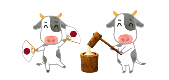 日本を盛り上げる餅つき牛のイラスト