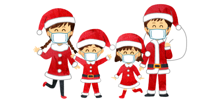 マスクを付けてサンタクロースのコスチュームを楽しむ家族のイラスト