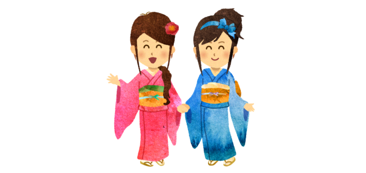 ピンクと青い着物を着ている女の子のイラスト