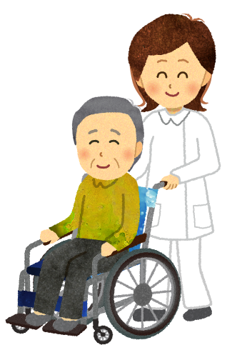 車椅子に乗る高齢男性を押す看護師のイラスト