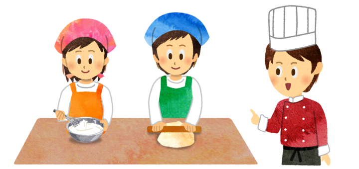 料理教室でお菓子作りを教えてもらっているイラスト