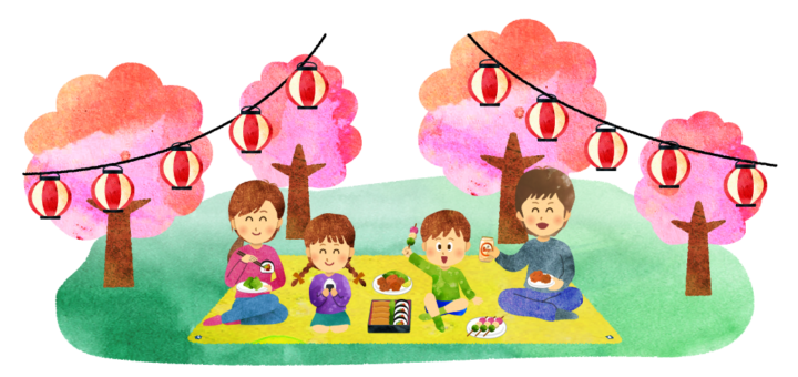 公園でお花見している家族